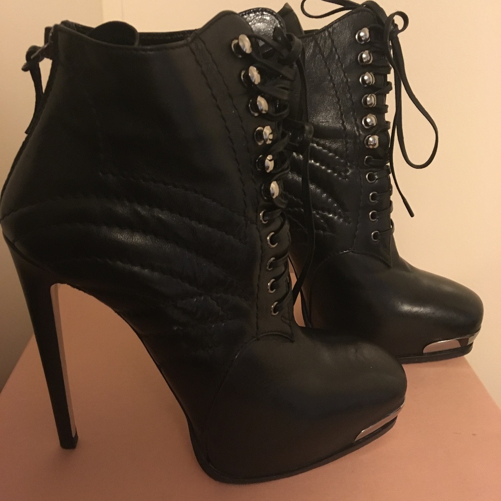 Miu Miu Black Leather Metallic Toe Ankle Platform Boots